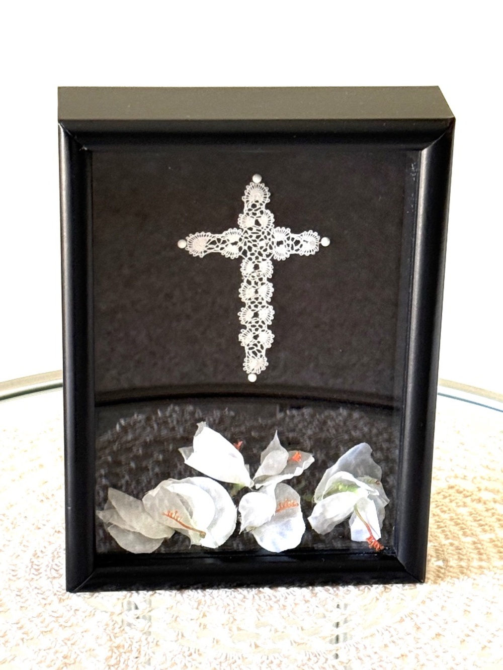 Framed Black Shadow Box with Intricate Crocheted White Cross & Flower Petals
